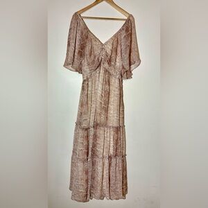 Anthropologie Pink Kimono Flutter Sleeve Tiered Midi Dress Romantic Boho Size XL